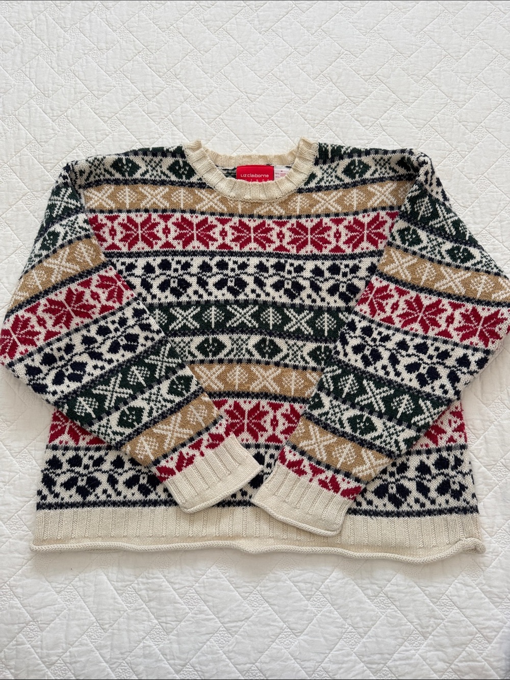 Liz Claiborne Cream Fair Isle Crewneck Sweater with Red, Green & Tan Accents